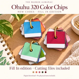 May include: Three sets of square Ohuhu 320 Color Chips on gold metal rings. Each chip features a solid color block with a white space for labeling. The text reads: THE MARKER ALMANAC, Ohuhu 320 Color Chips, NEW CODES, FILL IN EDITION, Fill In edition, Cutting files included.