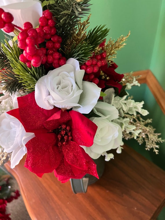 Winter/christmas Silk Floral Arrangement in Brushed Metal Pitcher