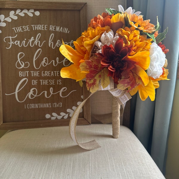 Fall Yellow Sunflower and Mauve Mum Bridal Bouquets - Fall Wedding - MADE to ORDER