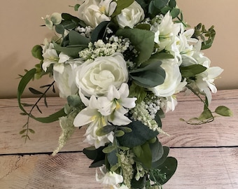 Classic Elegant White Silk Bridal Bouquets (15-16 inches) and Boutonnières - MADE to ORDER