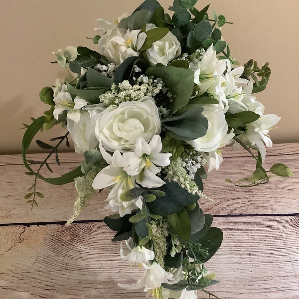 Classic Elegant White Silk Bridal Bouquets (15-16 inches) and Boutonnières - MADE to ORDER