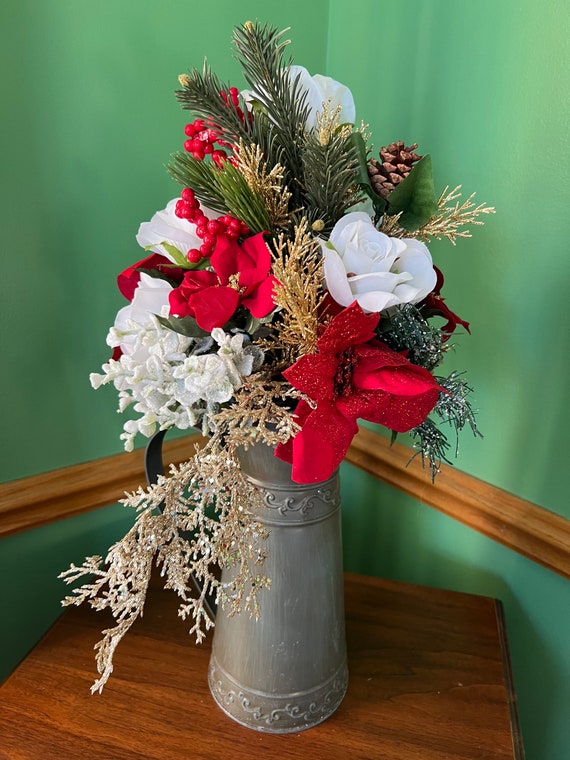 Winter/christmas Silk Floral Arrangement in Brushed Metal Pitcher