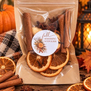 May include: A clear plastic and brown paper pouch containing dried orange slices, cinnamon sticks, star anise, and cloves. A circular white label on the front features a botanical illustration and the text fall SIMMERING POTPOURRI.