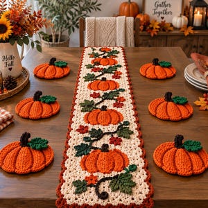 Virkad pumpa löpare mönster, höst bordsdekoration, Thanksgiving virkmönster, höst bordslöpare, pumpa heminredning, digital PDF