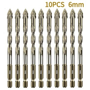 Könnte beinhalten: Ein Set aus 10PCS 6mm Bohrern mit goldfarbenem Finish. Jeder Bohrer verfügt über eine spitze, speerförmige Spitze und einen spiralförmig genuteten Schaft. Die Basis jedes Bohrers ist deutlich mit dem Text 6mm für den Durchmesser markiert.