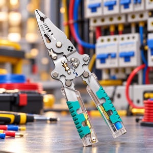 May include: A multi-functional wire stripping tool made of silver-toned metal with teal and clear plastic handle grips. The tool features integrated wire gauge markings from 16 to 3, a central brass-coloured pivot mechanism, and various cutting notches.