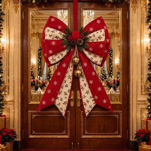 May include: A large decorative Christmas bow hanging on double wooden doors. The bow features red fabric with white snowflake patterns and cream fabric with holly leaf prints. It is accented with pine needles, red berries, and two gold bells.