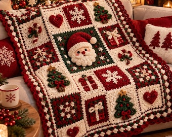 May include: A handmade crochet blanket featuring a festive grid pattern with alternating squares of cream, dark red, and forest green. The squares display textured appliques of Santa Claus, Christmas trees, snowflakes, hearts, and gift boxes.