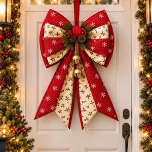 Christmas Door Bow Sewing Pattern | Red Snowflake, Cream Holly Fabric (PDF Tutorial)