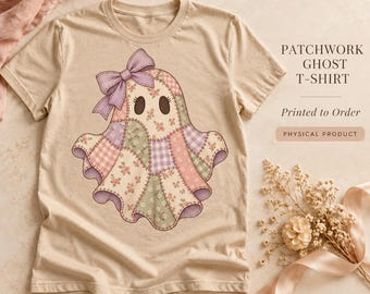 Patchwork Ghost Shirt, Pastel Floral Bow Halloween T-Shirt, Unisex Graphic Tee