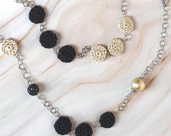 Handmade Crochet Pearl Necklace – Black Beige Statement, Boho Luxe Stainless Steel Jewelry