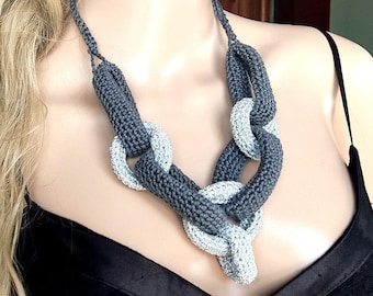 Gray Silver Chunky Crochet Statement Necklace Elegant Handmade Cotton Chain Gift