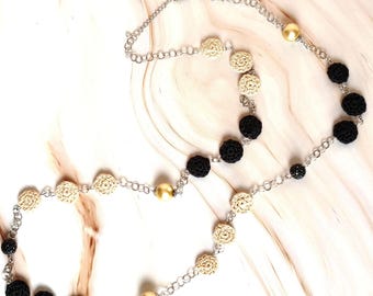 Collana di perle all'uncinetto fatta a mano – Nero Beige, gioiello di lusso in acciaio inossidabile stile boho
