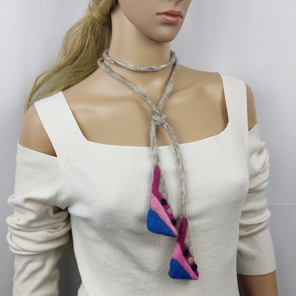 pink felt necklace lariat necklace gray pink scarf lariat necklace felted triangle motif necklace vegan necklace blue felt wool skinny scarf