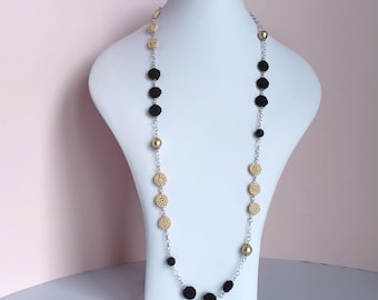 Handgemachte gehäkelte Perlenkette - Schwarz Beige Statement, Boho Luxe Edelstahlschmuck