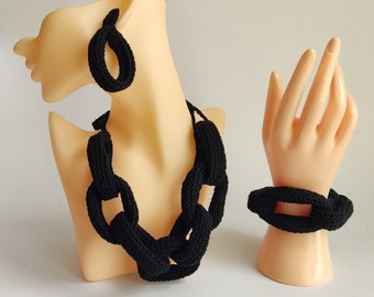 Crochet Jewelry Gift Set: Chunky Necklace, Cuff Bracelet, Stud Earrings
