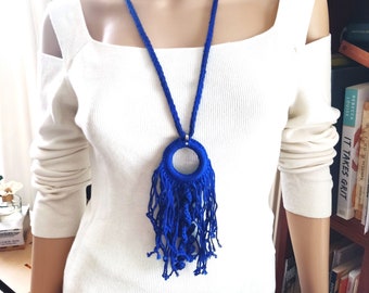 royal blue crochet necklace crochet boho hippie necklace crochet round pendant tassel necklace long crochet fringe necklace  design necklace