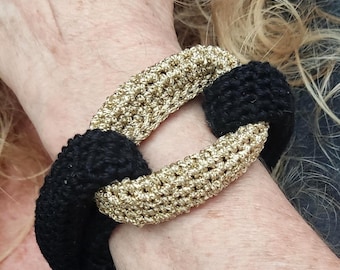 Black & Gold Braided Crochet Cuff Bracelet - Chunky Statement Jewelry