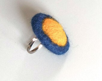 Canary Yellow Navy Blue Felt Oval Ring – Adjustable Boho Merino Wool Jewelry