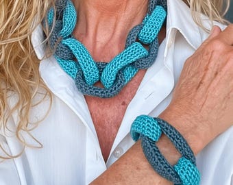 Crocheted Gray-Green Statement Necklace Bracelet Set | Boho Cotton Yarn Jewelry