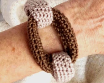 Beige & Brown Crochet Cuff Bracelet - Chunky Cotton Statement Bangle