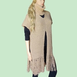 Merino Wool Knit Poncho: Beige Sleeveless Vest with Crochet Fringe