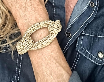 Chunky Gold Braided Crochet Cuff Bracelet – Statement Yarn Jewelry