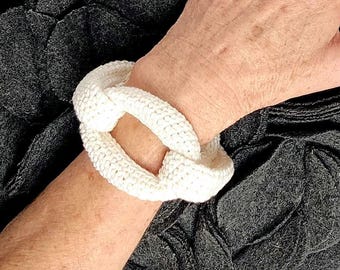 White Braided Crochet Cuff Bracelet - Chunky Cotton Statement Jewelry