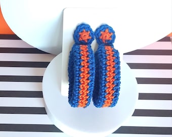 Royal Blue & Burnt Orange Crochet Hoop Earrings: Cotton Yarn, Gold Plated Studs
