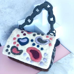 Felted Shoulder Bag  Wool Felted Crochet Purse Crochet Handle Felt Purse  Abstract Felt Design Gift for her Birthday Gift for best friend