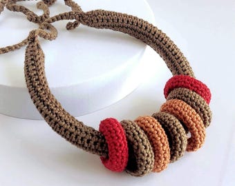 Brown Multiway Crochet Statement Necklace - Curved Necklace & Chunky Rings, Adjustable, Customizable