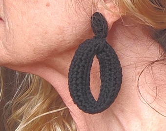 Black Crochet Hoop Earrings - Lightweight Cotton Yarn with goldPlated Studs