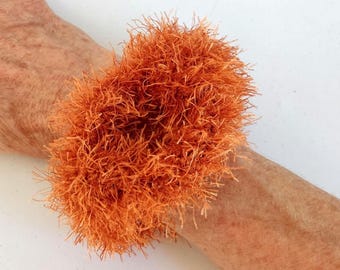 Burnt Orange Chunky Crochet Cuff Bracelet - Faux Fur Bangle