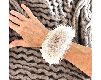 Chunky White Faux Fur Crochet Bracelet - Fluffy Cuff Bangle