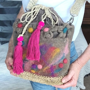 Felted Wool Bucket Bag: Crochet Jute Handle, Needle Felted Flowers