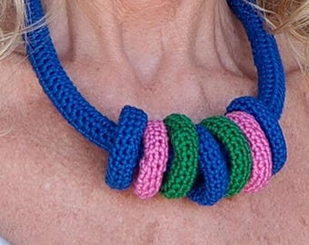 Royal Blue Multiway Crochet Statement Necklace - Curved Necklace & Chunky Rings, Adjustable, Customizable
