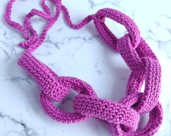 Pink Chunky Crochet Chain Necklace Braided Statement Cotton Handmade Boho Gift