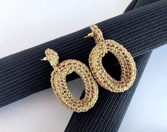 Chunky Crochet Hoop Earrings: Golden Yarn, Gold Plated Studs