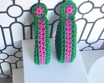 Pink & Green Crochet Hoop Earrings: Cotton Yarn, Gold Plated Studs