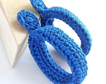 Royal Blue Crochet Hoop Earrings: Cotton Yarn, Gold Plated Studs