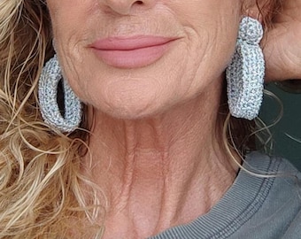 Silver Crochet Statement Earrings: Gold Plated Studs, Metallic Yarn