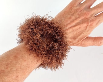 Chunky Brown Faux Fur Crochet Bracelet - Fluffy Cuff Bangle
