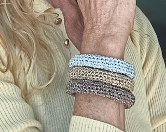 Chunky Crochet Bangle Bracelet Set - Gold Silver Bronze Metallic Yarn - Stackable Statement Jewelry