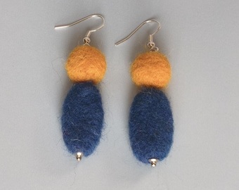 Canary Yellow & Navy Blue Felt Dangle Earrings | Handmade Boho Statement Jewelry