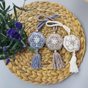 Handmade Crochet Lavender Sachets Gift Set: 3 Cotton Wardrobe Fresheners in Black Box