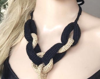 Black & gold Chunky Crochet Statement Necklace - Elegant Handmade Cotton Chain