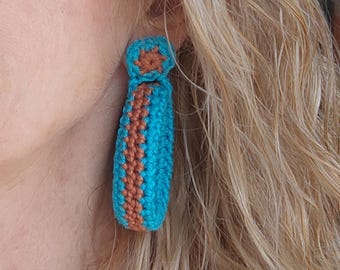 Turquoise & Burnt Orange Crochet Hoop Earrings: Cotton Yarn, Gold Plated Studs