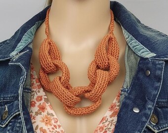 Rust Orange Chunky Crochet Statement Necklace - Handmade Braided Cotton Fall Winter Jewelry