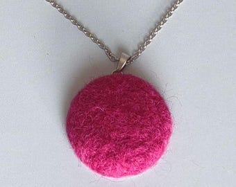 Hot Pink Cabochon Necklace  Needle Felted Pendant  Handmade Fiber Jewelry  Stainless Steel Chain  Boho