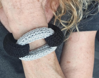 Black & Silver Braided Crochet Cuff Bracelet - Chunky Statement Jewelry